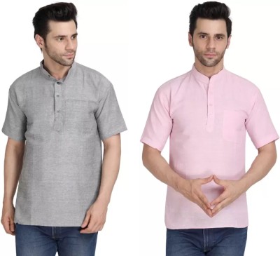 isdfabric Men Self Design Straight Kurta(Grey, Pink)