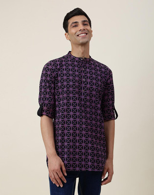 Fabindia Men Printed Straight Kurta(Black)