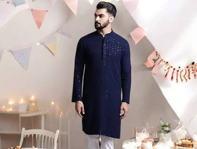 Qitty Men Chikan Embroidery Straight Kurta(Dark Blue)