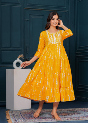BAKNAD Women Embroidered Anarkali Kurta(Yellow)