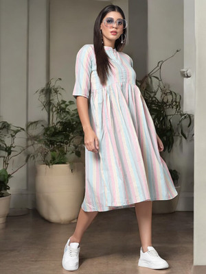 Ladylaz Women Striped Flared Kurta(Multicolor)