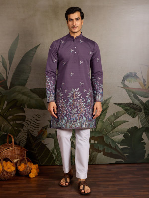 odette Men Embroidered Straight Kurta(Purple)