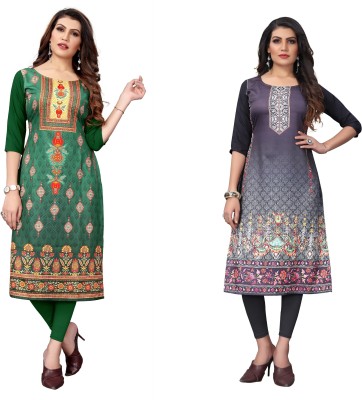 Sanskruti Fashion Women Printed A-line Kurta(Green, Grey)