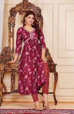 Ariba Women Embroidered, Printed A-line Kurta(Maroon)