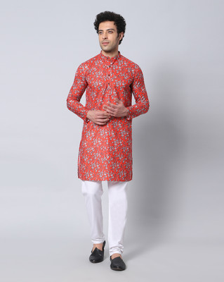 GlobalRang Men Block Print Straight Kurta(Red)