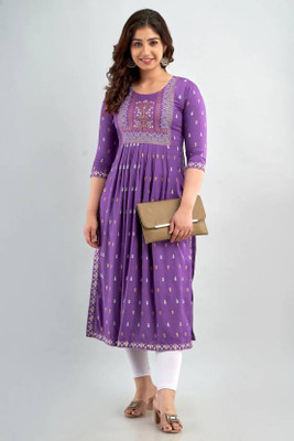 Netara Women Block Print A-line Kurta(Purple)