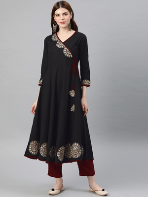 AKIKO Women Floral Print Flared Kurta(Black)