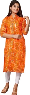 Parth Fashion Women Bandhani Straight Kurta(Orange)