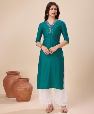 MOJILAA Women Embroidered Straight Kurta(Green)