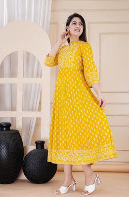 Diwikj Women Printed Gown Kurta(Yellow, White)