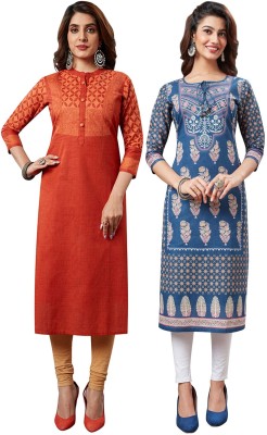 Jevi Prints Women Printed Straight Kurta(Blue, Orange)