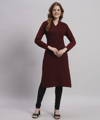 DRESSBASE Women Self Design Straight Kurta(Maroon)