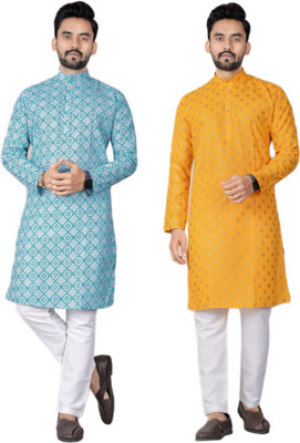 DHASU TRENDZ Men Printed Straight Kurta(Blue, Yellow)