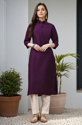 MOJILAA Women Solid Straight Kurta(Purple)