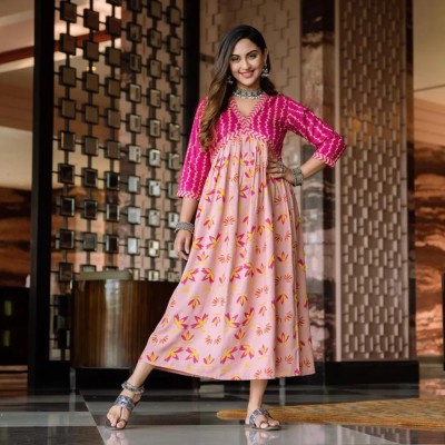 ruhi creation Women Printed Flared Kurta(Pink)