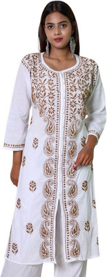 INDICRAFT Women Chikan Embroidery Frontslit Kurta(Brown)