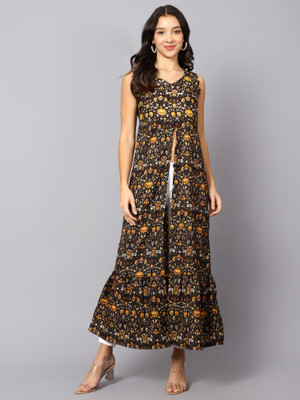 VESICLE Women Printed Frontslit Kurta(Black, Yellow)