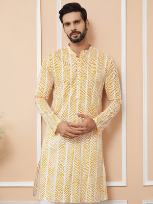 See Designs Men Printed Straight Kurta(Yellow, White)