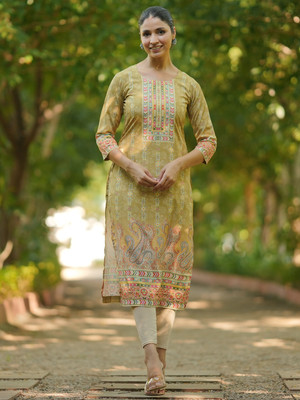 LIBAS Women Printed Straight Kurta(Yellow)