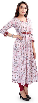offwhite Women Printed Flared Kurta(Pink)