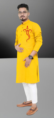 Hoodler Trends Men Self Design Straight Kurta(Yellow)