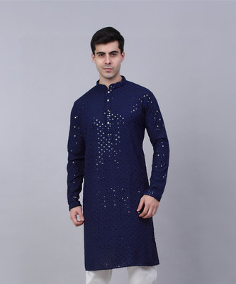 Jompers Men Embroidered Straight Kurta(Dark Blue)