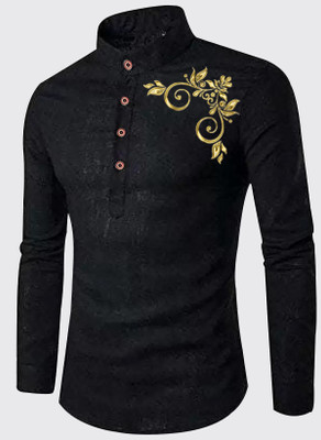 DIMMY Men Printed Straight Kurta(Black)