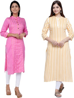 Kundan Women Striped Straight Kurta(Pink, Orange)