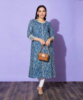 Globus Women Floral Print A-line Kurta(Blue)