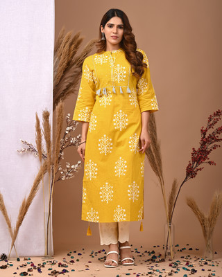 SACCHE DHAAGE Women Printed A-line Kurta(Yellow)