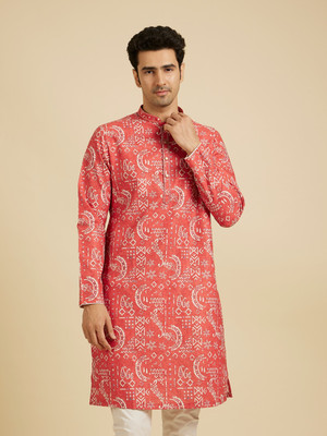 MANYAVAR Men Geometric Print Straight Kurta(Pink)