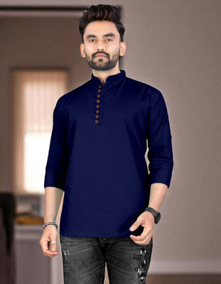 click n buy Men Solid Trail Cut Kurta(Dark Blue)