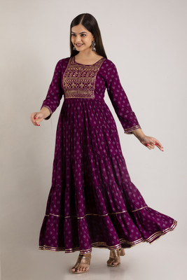 Mizaz Women Printed Flared Kurta(Purple)