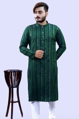 Tibra Collection Men Striped Straight Kurta(Orange)