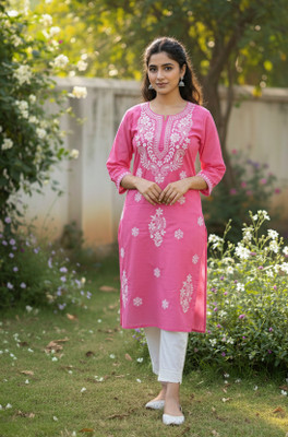 ChikankariArts Women Embroidered Straight Kurta(Green)