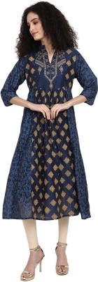 V-MART Women Printed Straight Kurta(Dark Blue, Yellow, Light Blue)