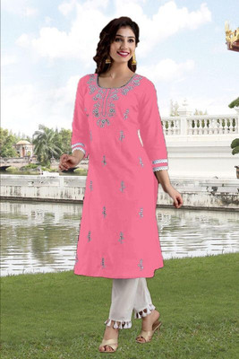 SISTO Women Chikan Embroidery A-line Kurta(White)