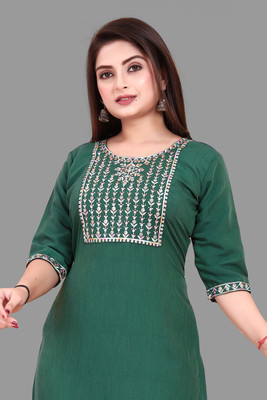 AKK Enterprise Women Embroidered, Solid A-line Kurta(Green)
