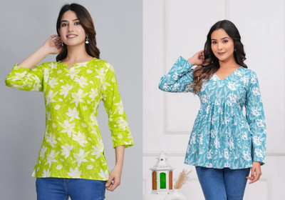 Now for you Women Floral Print Flared Kurta(Green, Blue)