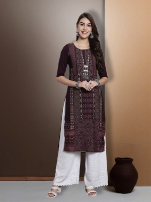 EthnicBasket Women Printed Straight Kurta(Maroon)