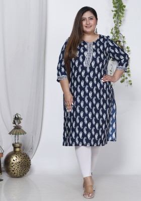 Fabitude Women Block Print Straight Kurta(Dark Blue, White)