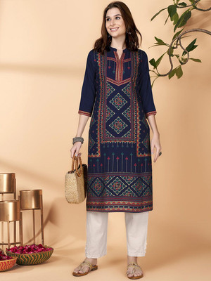 ANOUK Women Printed Straight Kurta(Blue)