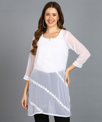 VAHSON Women Chikan Embroidery, Embroidered Straight Kurta(White)