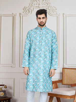House of Pataudi Men Floral Print Ethnic Dress Kurta(Light Blue)