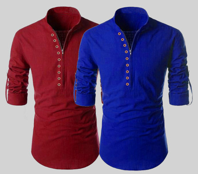 DIMMY Men Solid Straight Kurta(Red, Dark Blue)