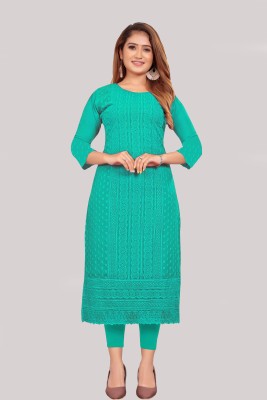 KAYRAAH Women Chikan Embroidery Straight Kurta(Light Green)