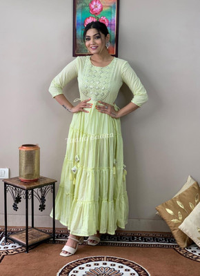 Parsoya Fashion Women Striped Anarkali Kurta(Light Green)