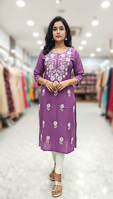 khamsahh Women Embroidered, Chikan Embroidery Straight Kurta(Purple)