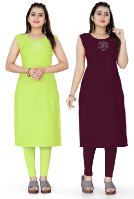 HT Fashion Women Self Design Straight Kurta(Green, Purple)