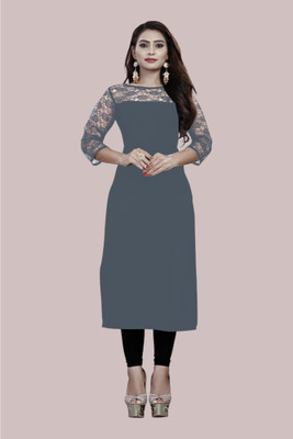 Maheshvi Women Solid, Embellished Straight Kurta(Grey)